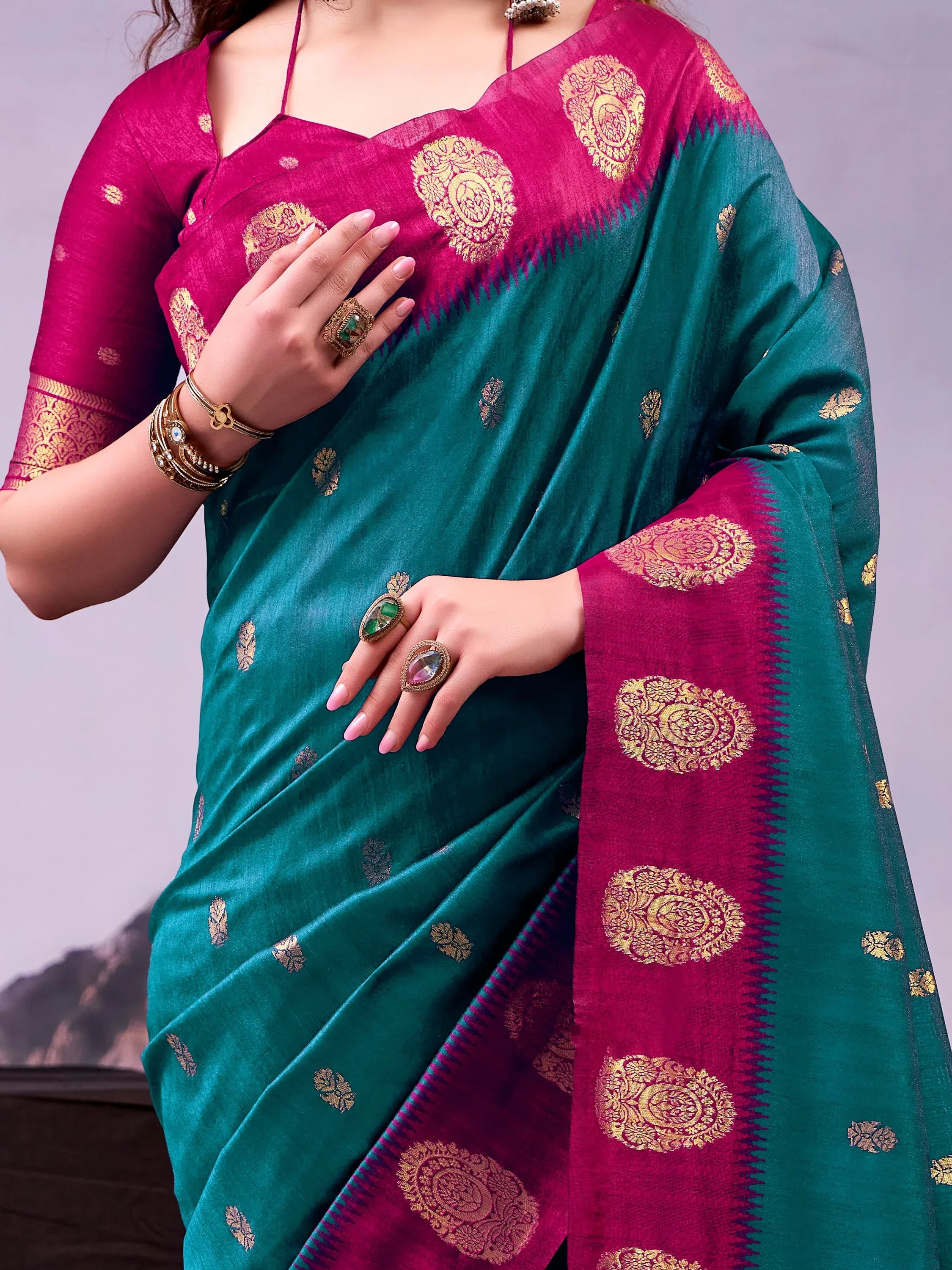 Excellent Teal Green Zari Weaving Cotton Mehendi Wear Saree With Blouse