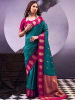 Excellent Teal Green Zari Weaving Cotton Mehendi Wear Saree With Blouse