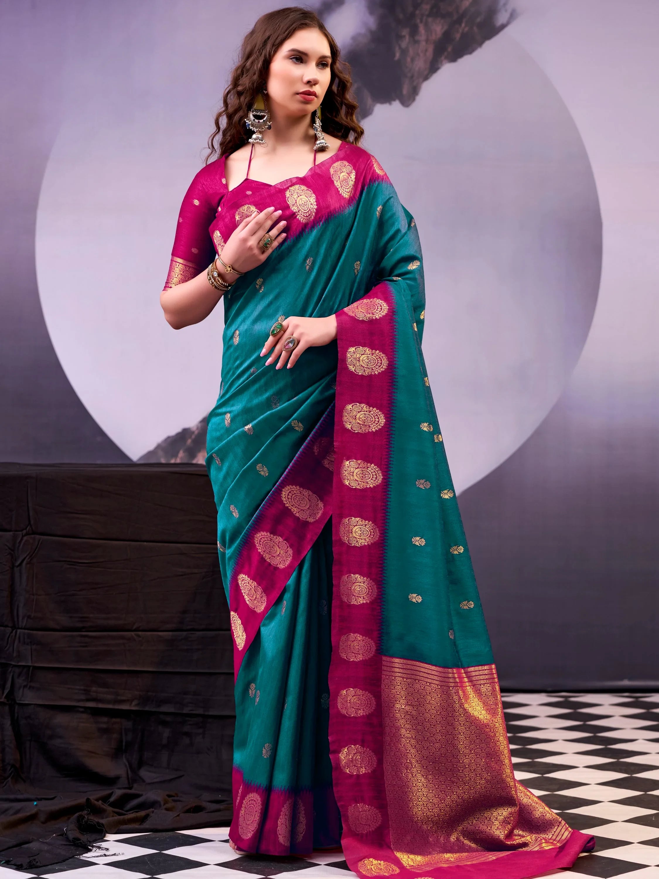 Excellent Teal Green Zari Weaving Cotton Mehendi Wear Saree With Blouse