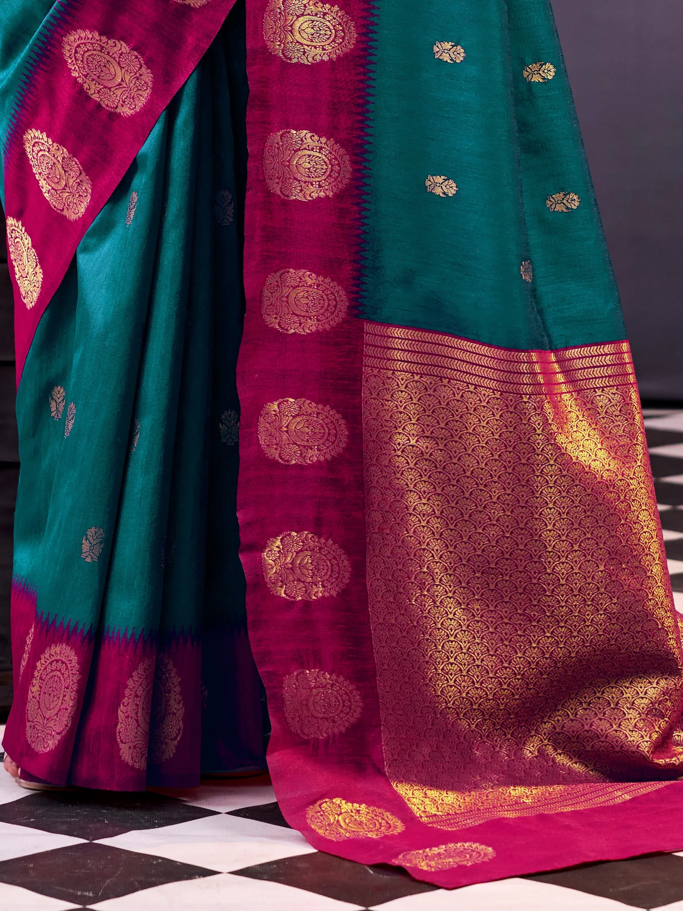 Excellent Teal Green Zari Weaving Cotton Mehendi Wear Saree With Blouse