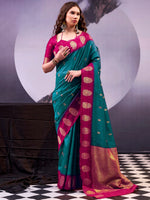 Excellent Teal Green Zari Weaving Cotton Mehendi Wear Saree With Blouse