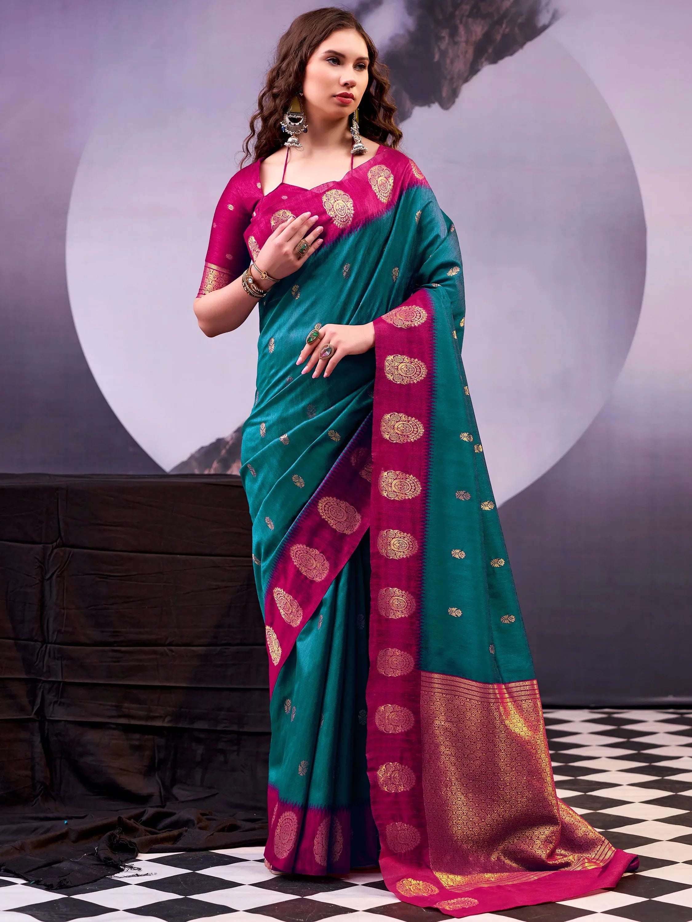 Excellent Teal Green Zari Weaving Cotton Mehendi Wear Saree With Blouse
