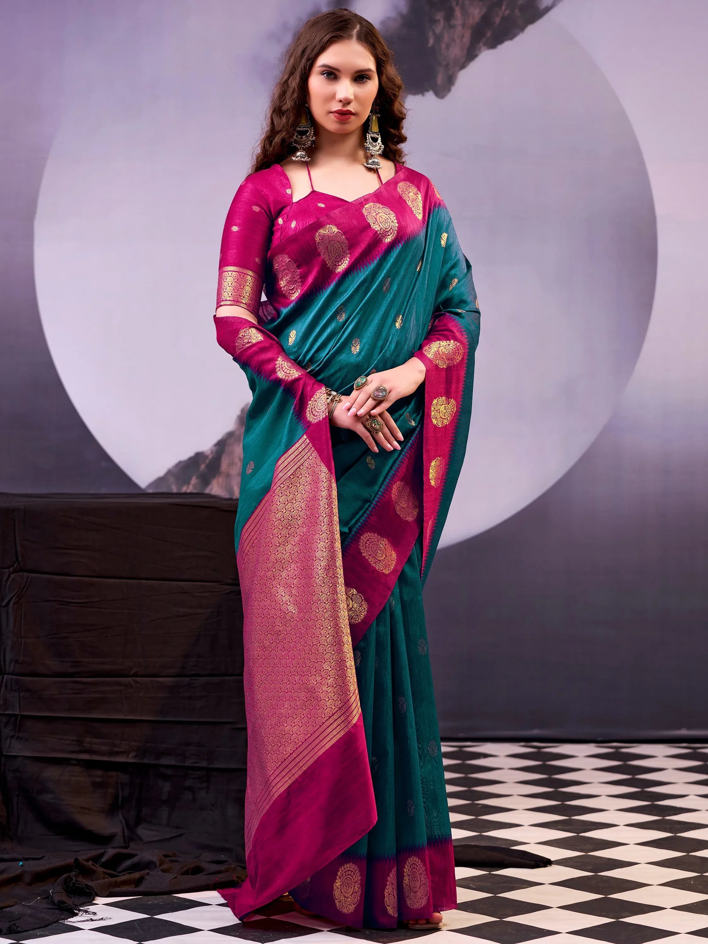Excellent Teal Green Zari Weaving Cotton Mehendi Wear Saree With Blouse