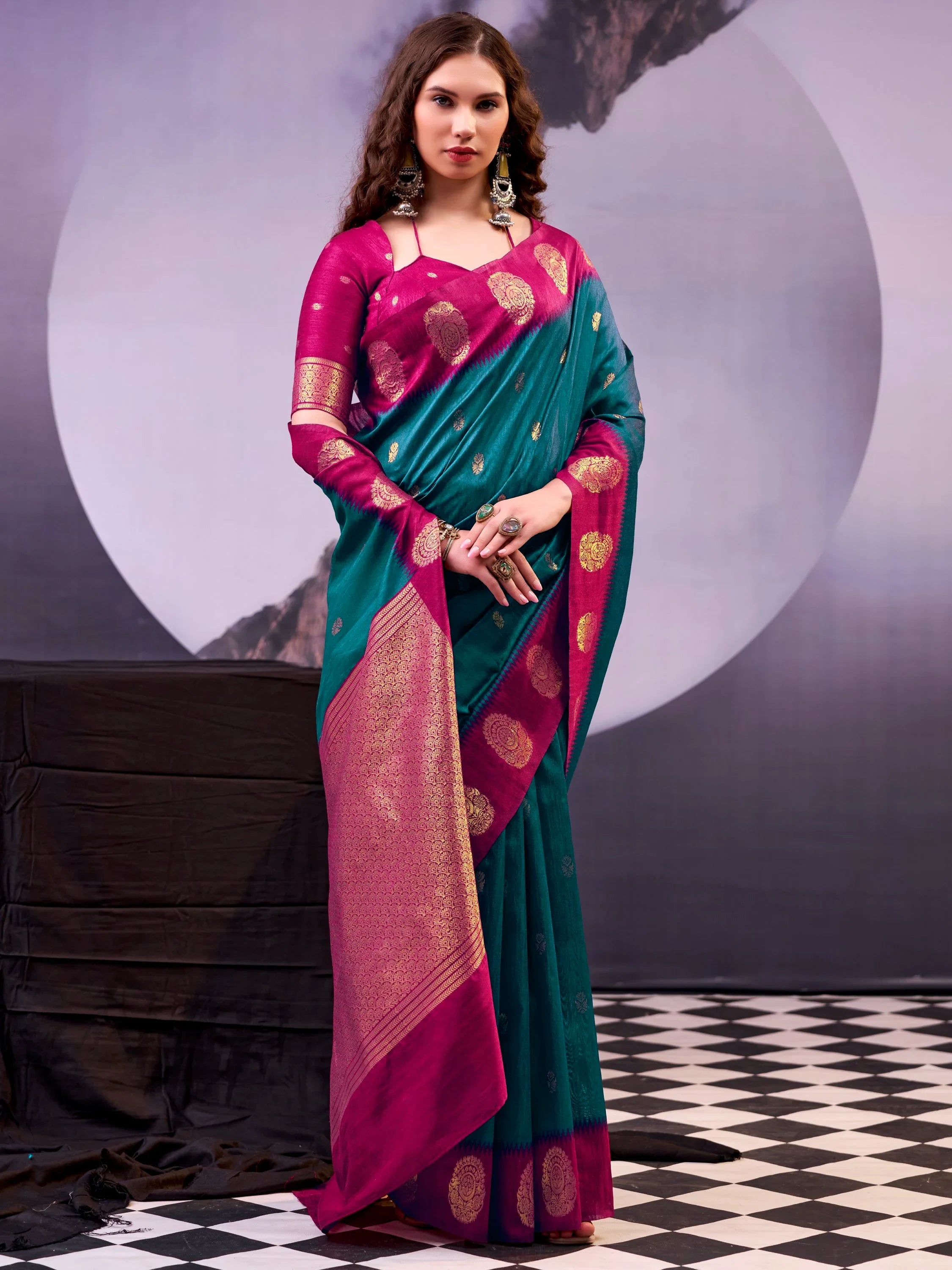 Excellent Teal Green Zari Weaving Cotton Mehendi Wear Saree With Blouse