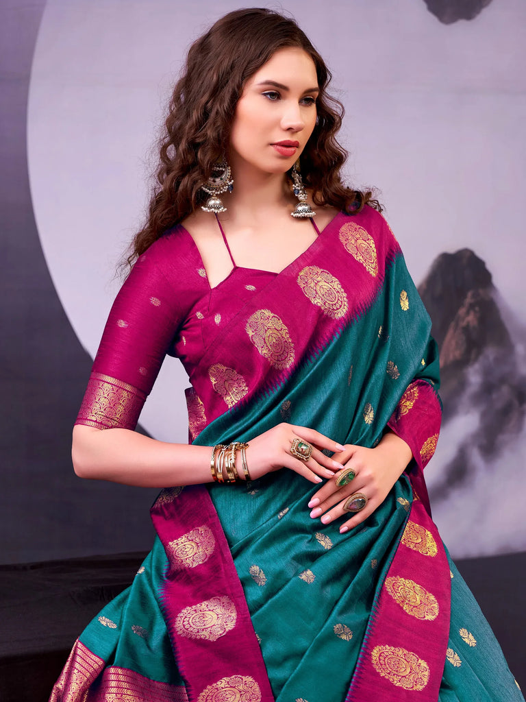 Excellent Teal Green Zari Weaving Cotton Mehendi Wear Saree With Blouse
