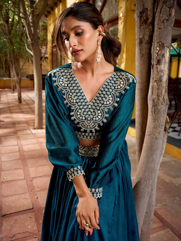 Precious Teal Blue Embroidered Silk Party Wear Crop Top Lehenga