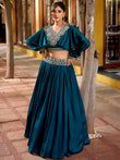 Precious Teal Blue Embroidered Silk Party Wear Crop Top Lehenga