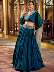 Precious Teal Blue Embroidered Silk Party Wear Crop Top Lehenga