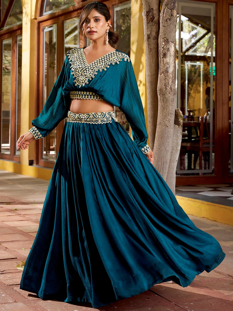 Precious Teal Blue Embroidered Silk Party Wear Crop Top Lehenga