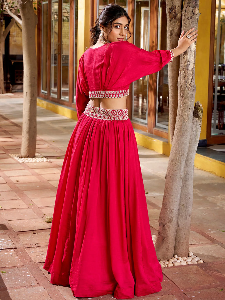 Amazing Pink Thread Embroidered Silk Sangeet Wear Crop Top Lehenga