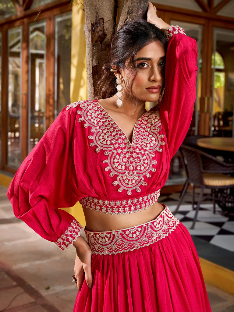 Amazing Pink Thread Embroidered Silk Sangeet Wear Crop Top Lehenga
