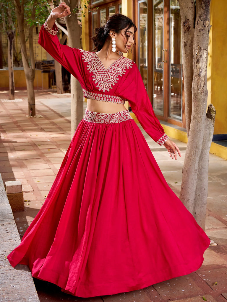 Amazing Pink Thread Embroidered Silk Sangeet Wear Crop Top Lehenga