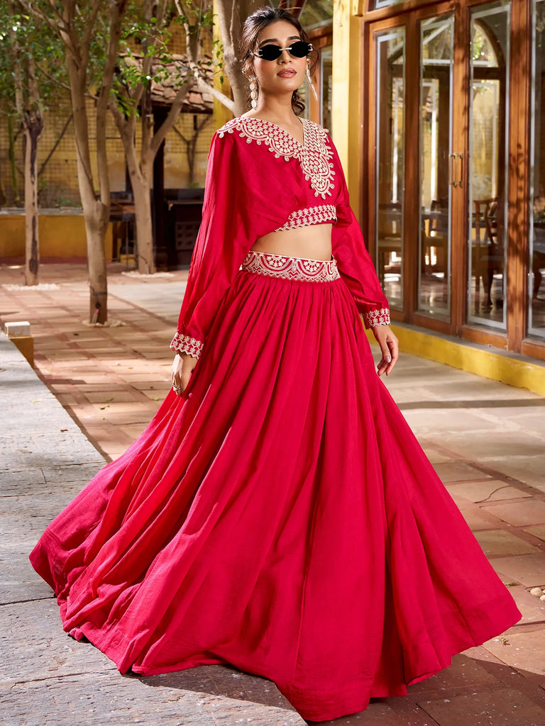 Amazing Pink Thread Embroidered Silk Sangeet Wear Crop Top Lehenga