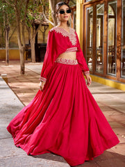 Amazing Pink Thread Embroidered Silk Sangeet Wear Crop Top Lehenga