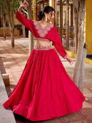 Amazing Pink Thread Embroidered Silk Sangeet Wear Crop Top Lehenga
