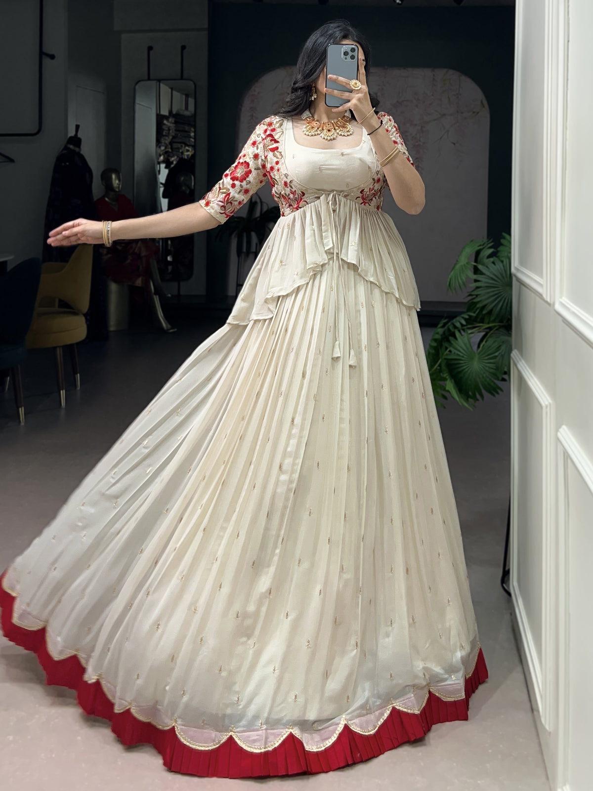 Graceful Off-White Silk Festive Wear Lehenga Choli With Peplum Koti