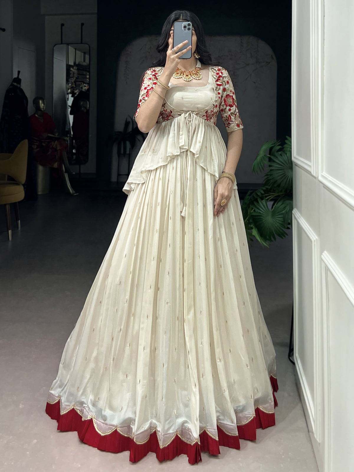 Graceful Off-White Silk Festive Wear Lehenga Choli With Peplum Koti