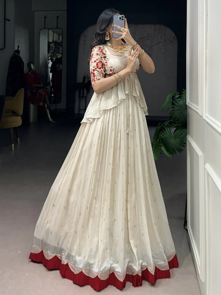 Graceful Off-White Silk Festive Wear Lehenga Choli With Peplum Koti