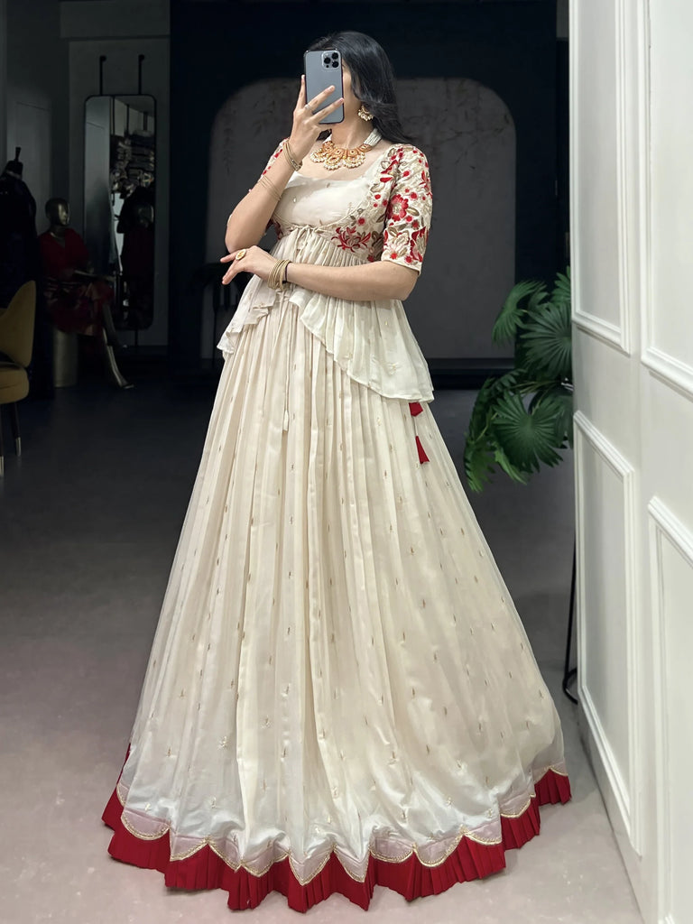 Graceful Off-White Silk Festive Wear Lehenga Choli With Peplum Koti