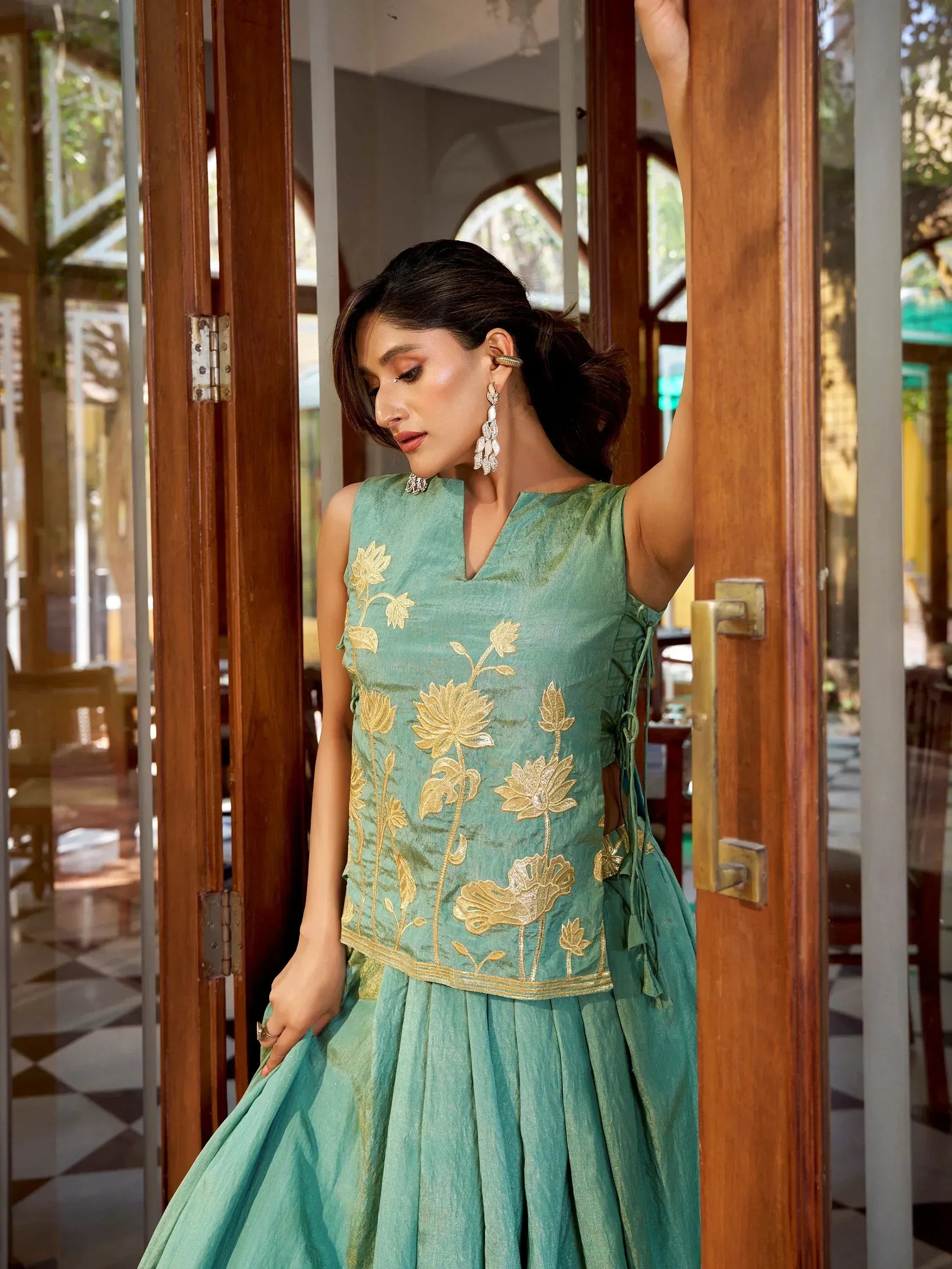 Great Green Thread Embroidered Shimmer Festival Wear Crop-Top Lehenga