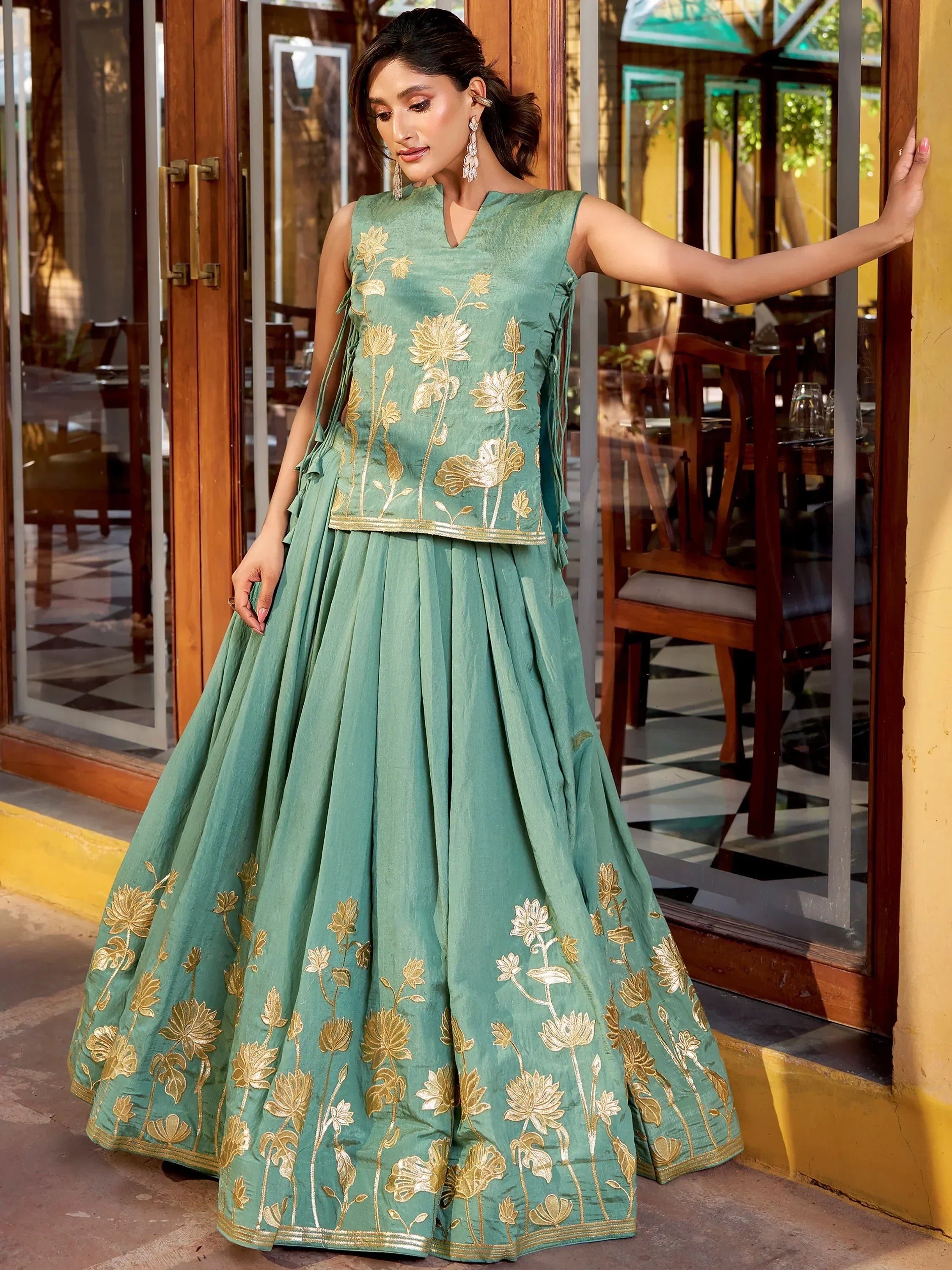 Great Green Thread Embroidered Shimmer Festival Wear Crop-Top Lehenga