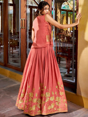Amazing Peach Thread Embroidered Shimmer Wedding Wear Crop-Top Lehenga