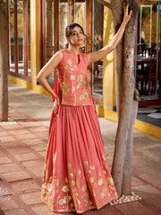 Amazing Peach Thread Embroidered Shimmer Wedding Wear Crop-Top Lehenga