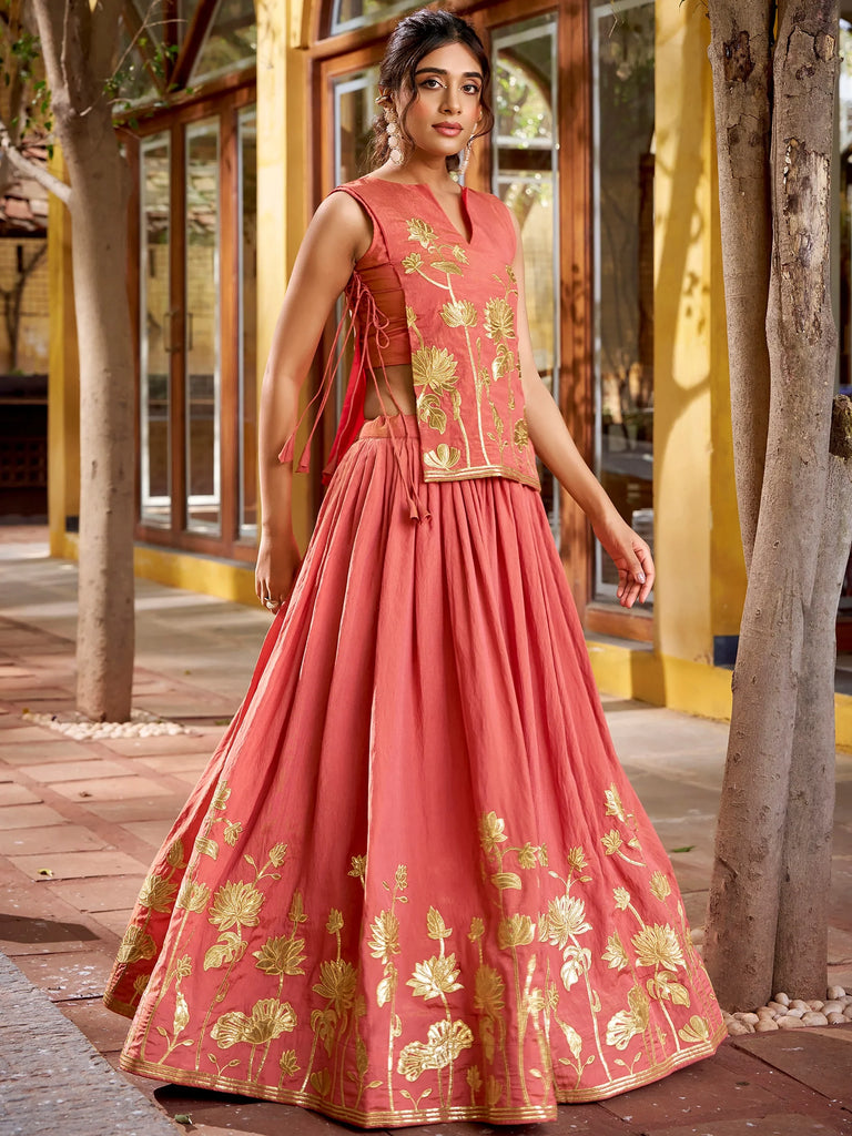 Amazing Peach Thread Embroidered Shimmer Wedding Wear Crop-Top Lehenga