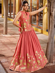 Amazing Peach Thread Embroidered Shimmer Wedding Wear Crop-Top Lehenga