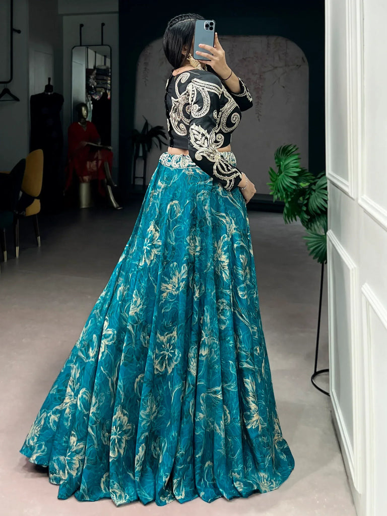 Beautiful Teal Blue Silk Sangeet Wear Embroidered Crop Top Lehenga