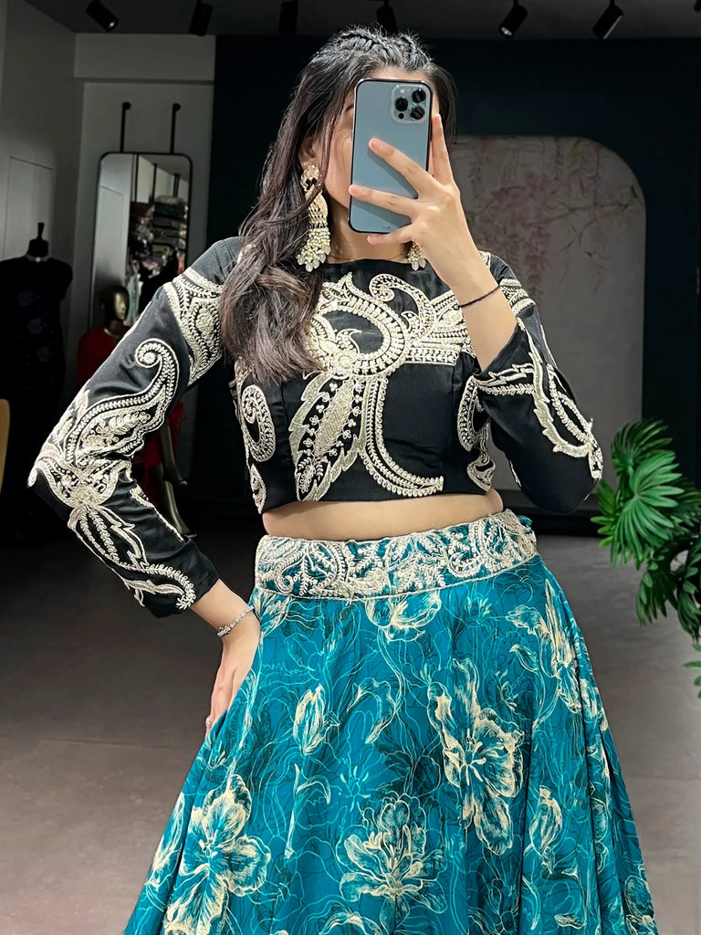 Beautiful Teal Blue Silk Sangeet Wear Embroidered Crop Top Lehenga