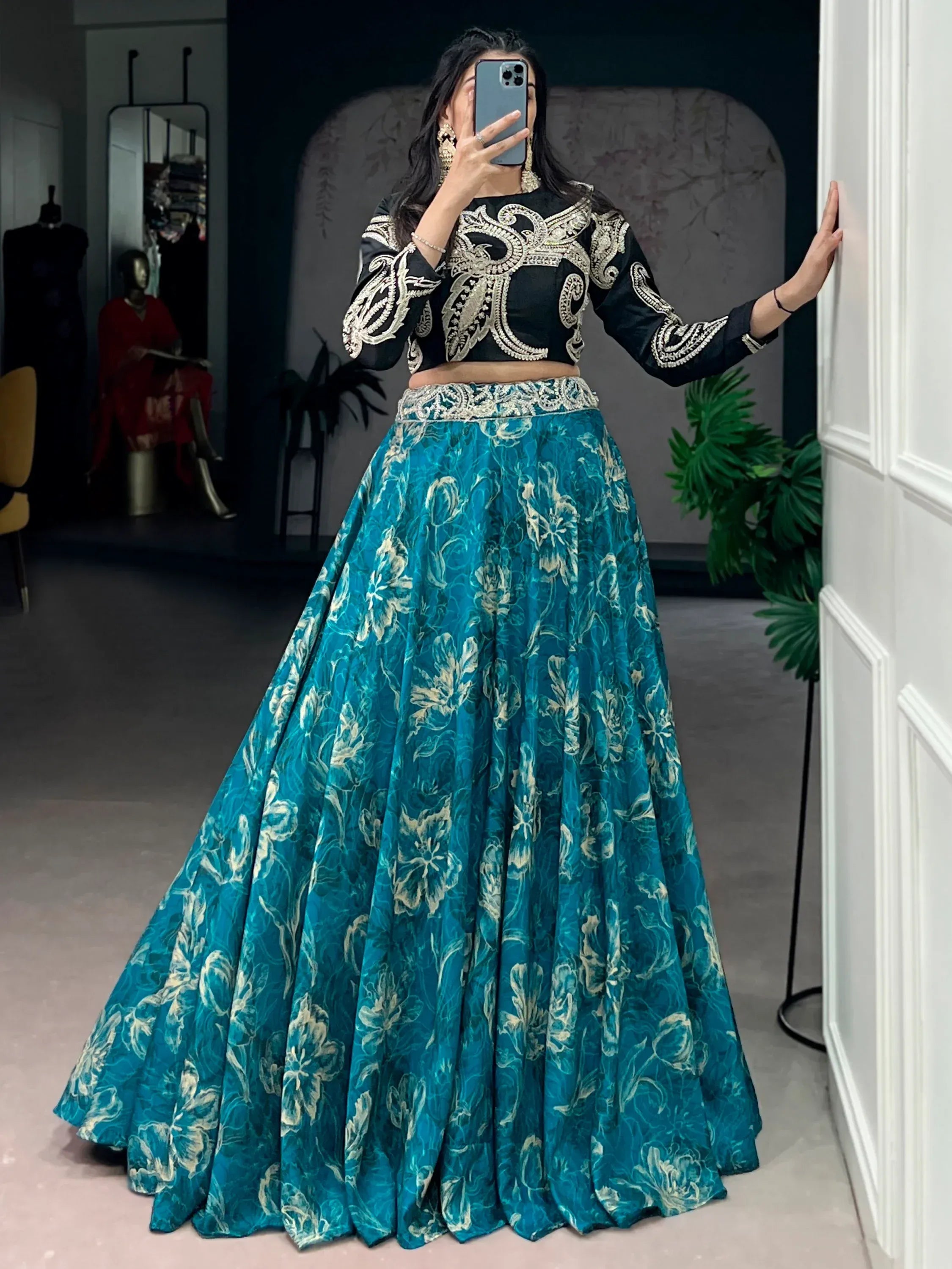 Beautiful Teal Blue Silk Sangeet Wear Embroidered Crop Top Lehenga
