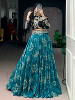 Beautiful Teal Blue Silk Sangeet Wear Embroidered Crop Top Lehenga