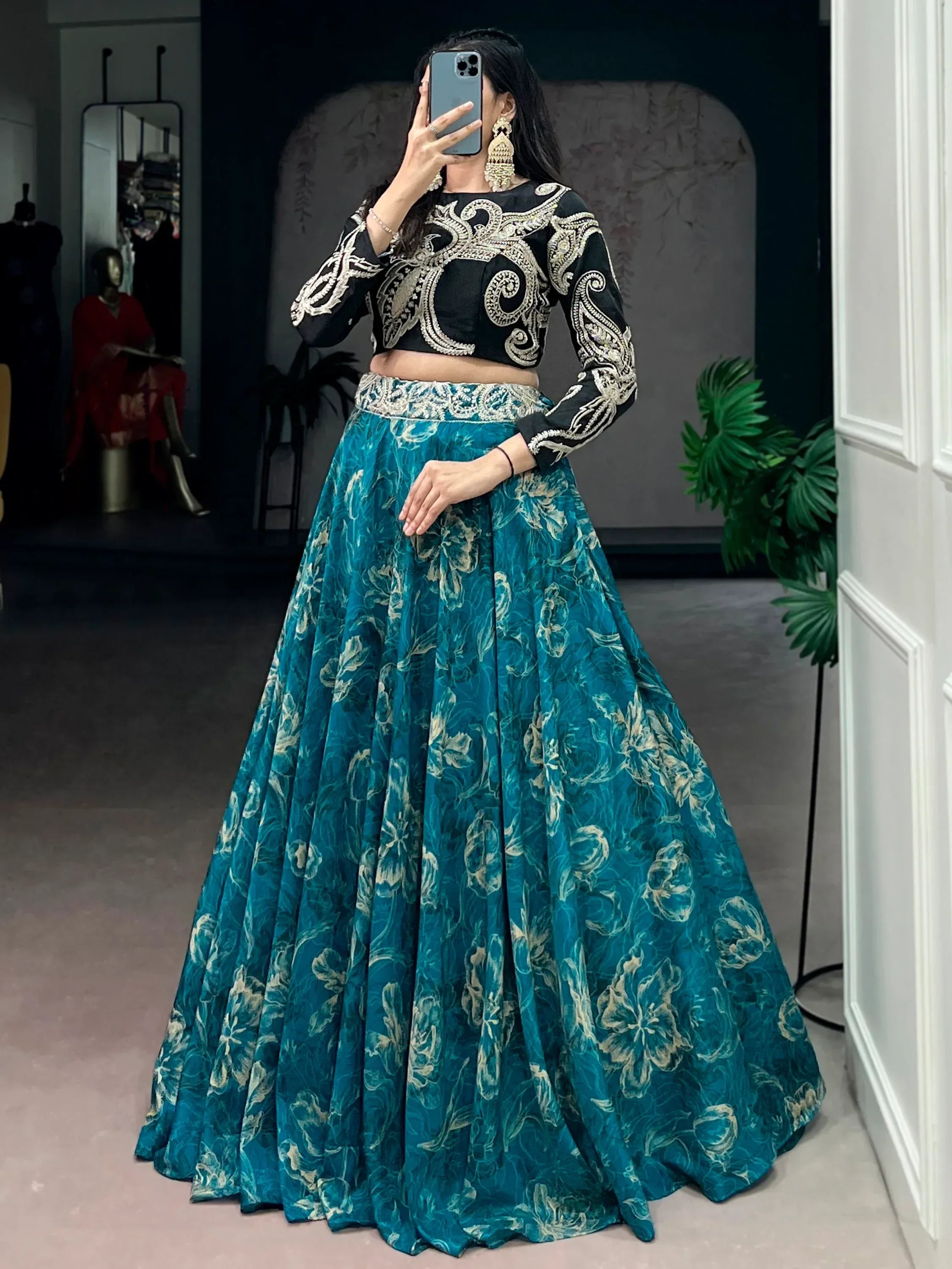 Beautiful Teal Blue Silk Sangeet Wear Embroidered Crop Top Lehenga
