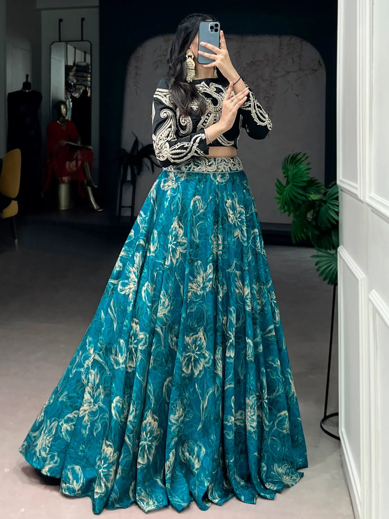 Beautiful Teal Blue Silk Sangeet Wear Embroidered Crop Top Lehenga
