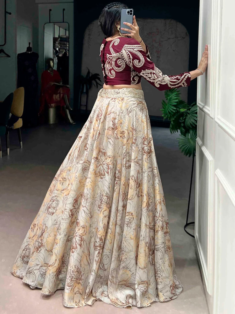 Enchanting Cream Floral Printed Silk Cocktail Wear Crop Top Lehenga