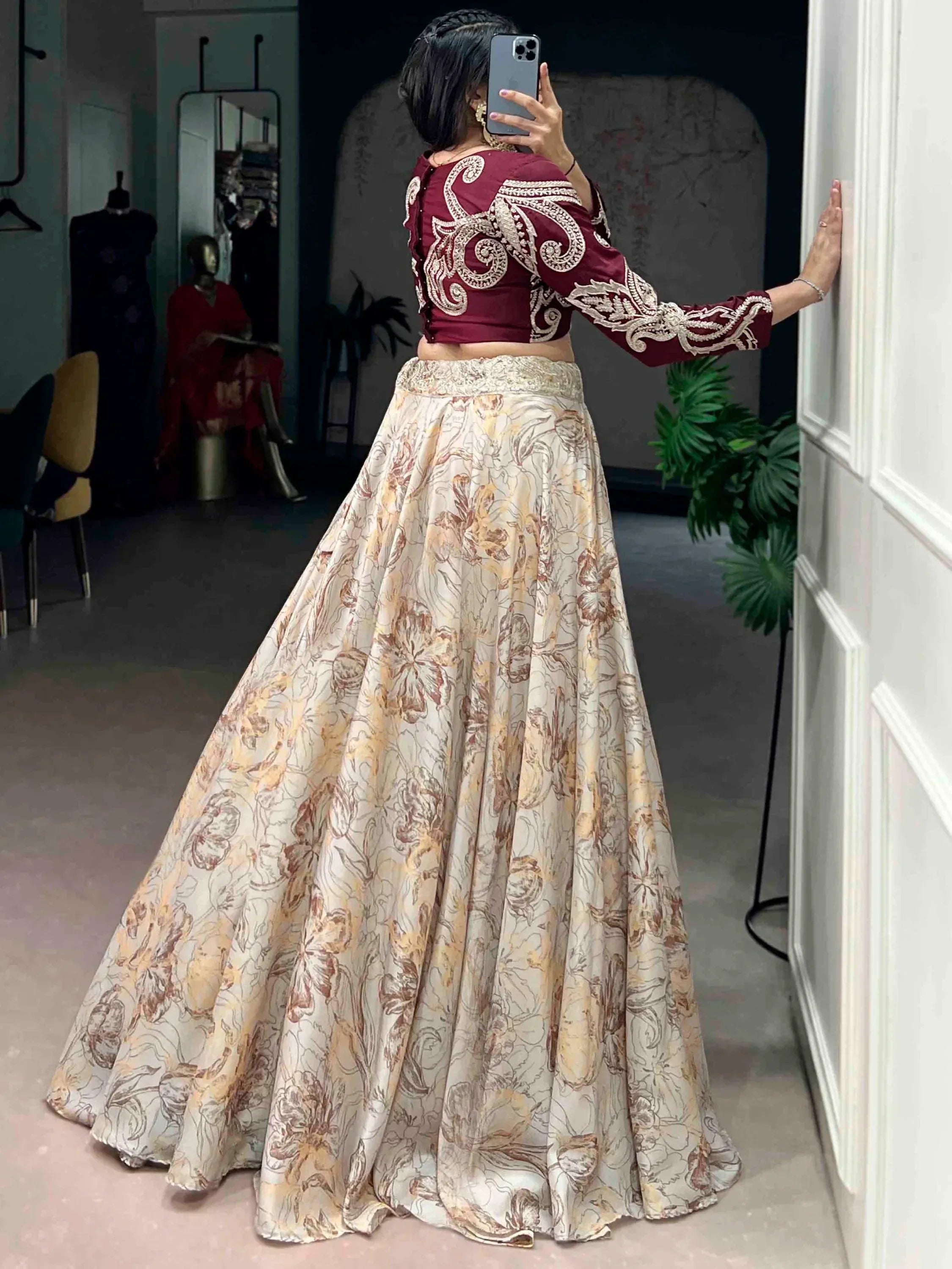 Enchanting Cream Floral Printed Silk Cocktail Wear Crop Top Lehenga