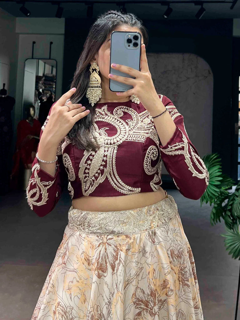 Enchanting Cream Floral Printed Silk Cocktail Wear Crop Top Lehenga