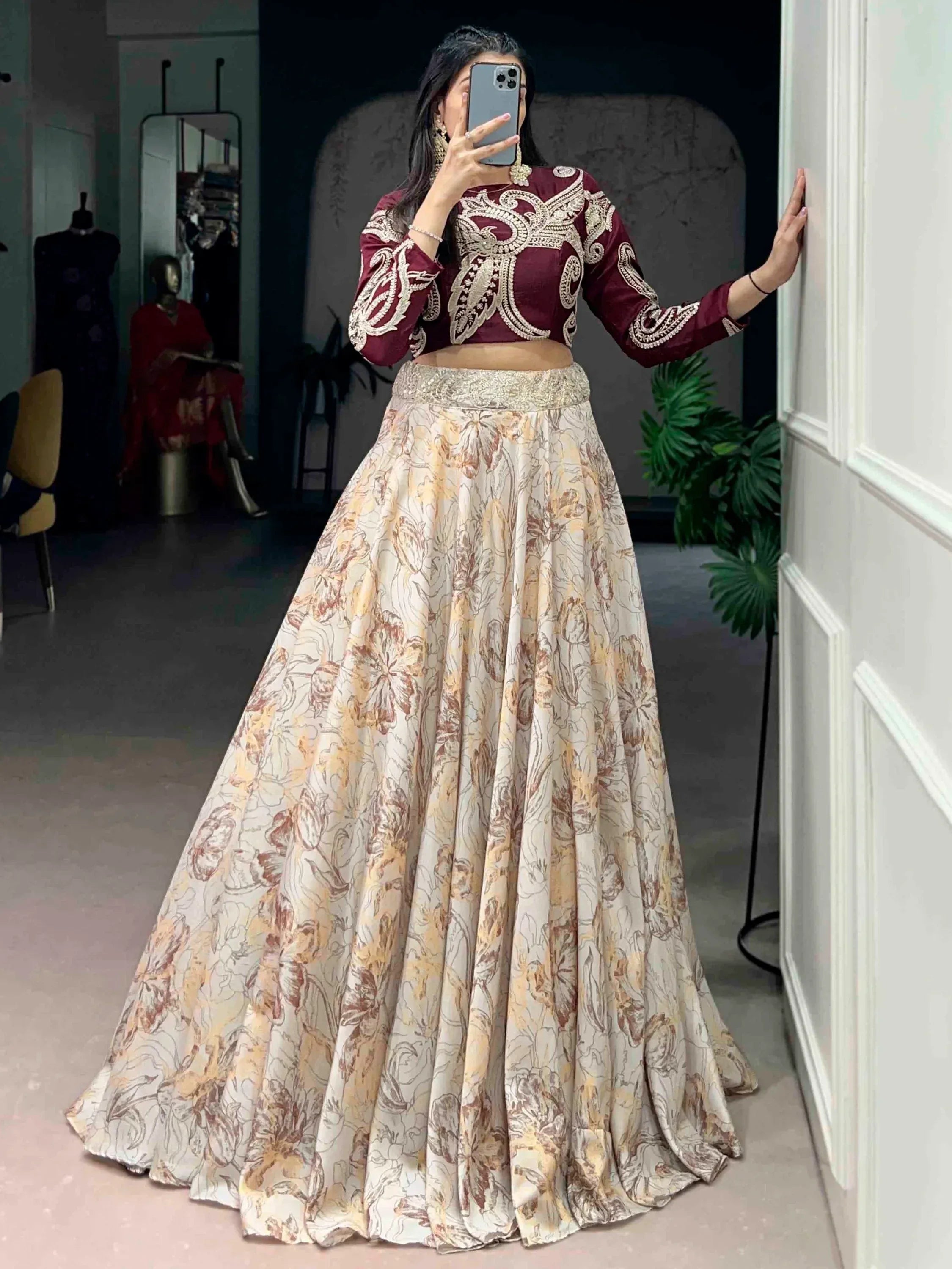 Enchanting Cream Floral Printed Silk Cocktail Wear Crop Top Lehenga