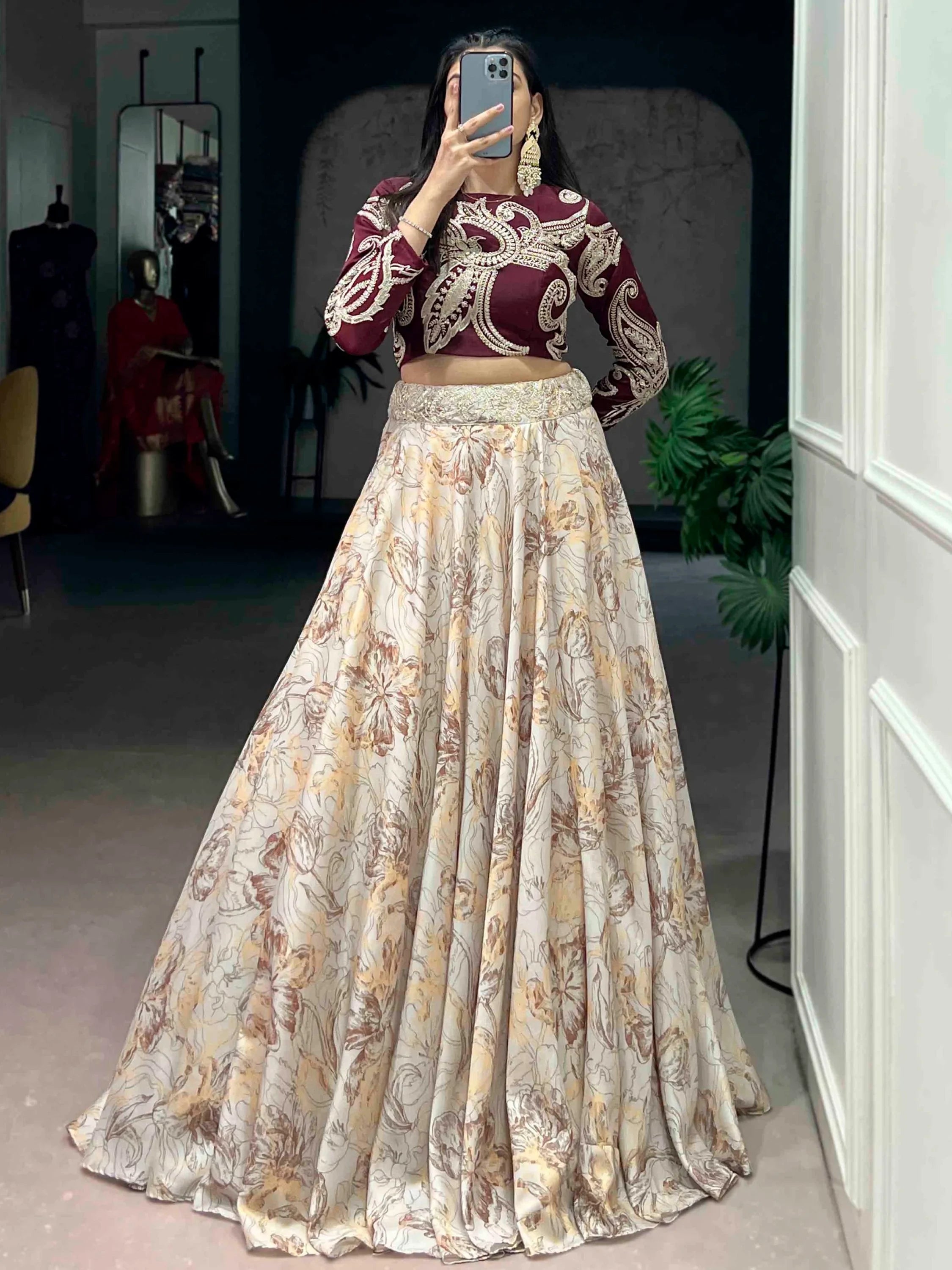 Enchanting Cream Floral Printed Silk Cocktail Wear Crop Top Lehenga