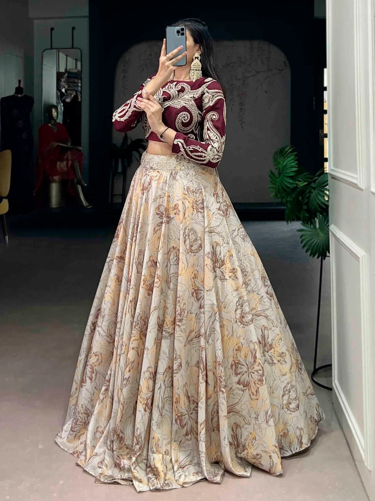 Enchanting Cream Floral Printed Silk Cocktail Wear Crop Top Lehenga