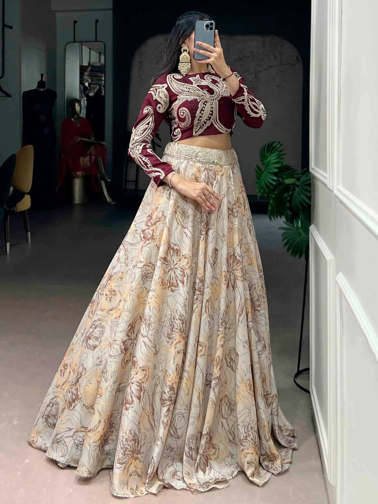 Enchanting Cream Floral Printed Silk Cocktail Wear Crop Top Lehenga