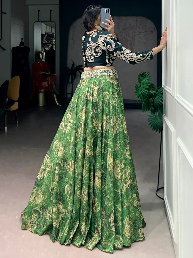 Splendid Green Sequins Silk Mehendi Wear Crop Top Lehenga