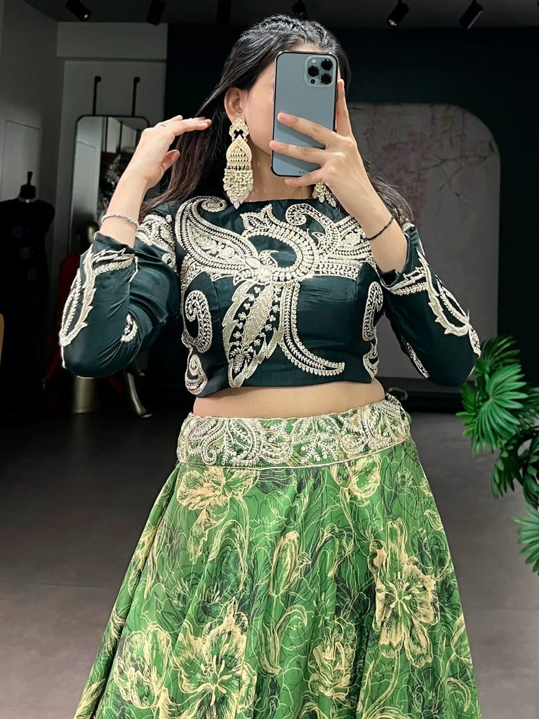 Splendid Green Sequins Silk Mehendi Wear Crop Top Lehenga