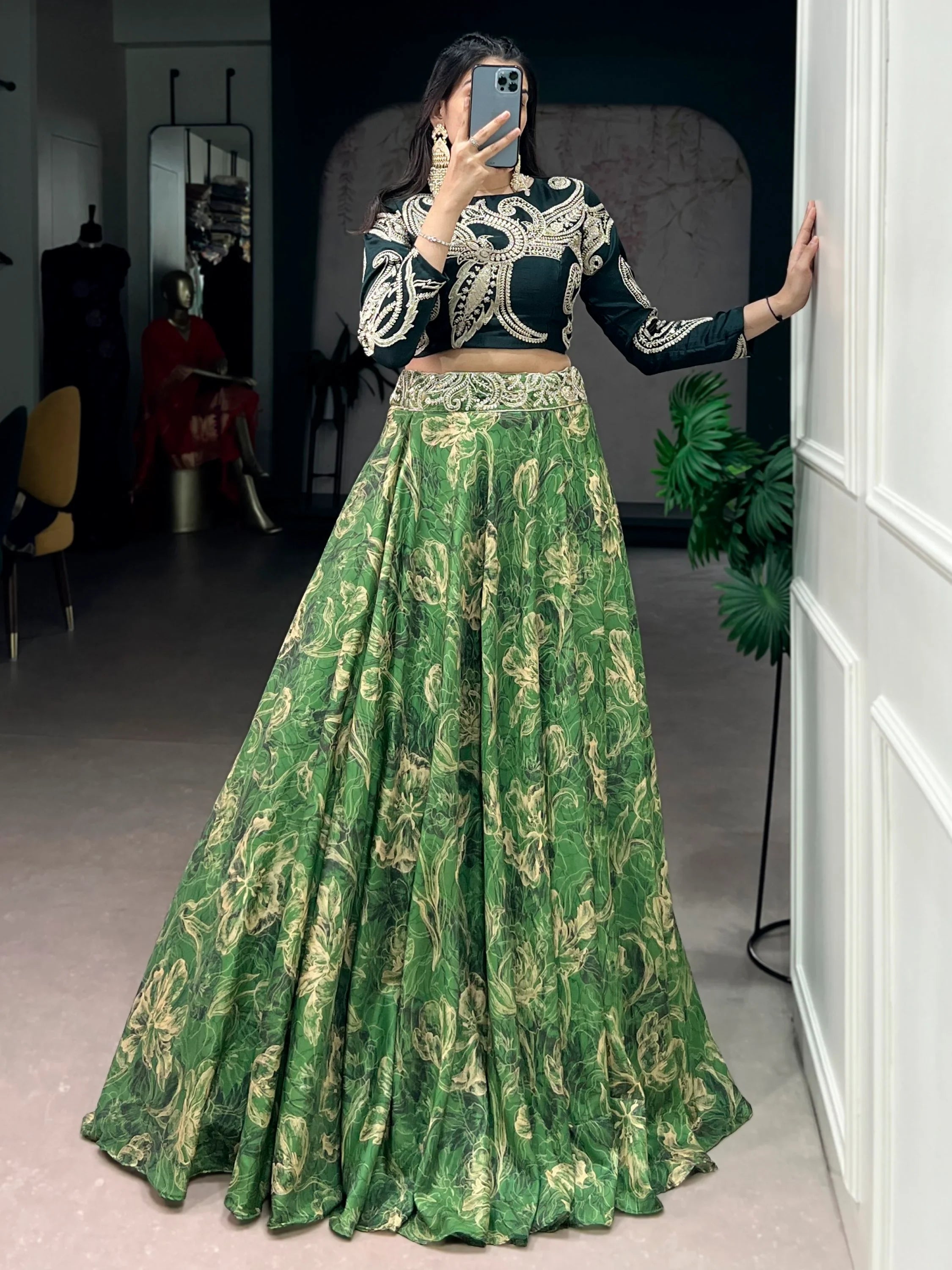 Splendid Green Sequins Silk Mehendi Wear Crop Top Lehenga