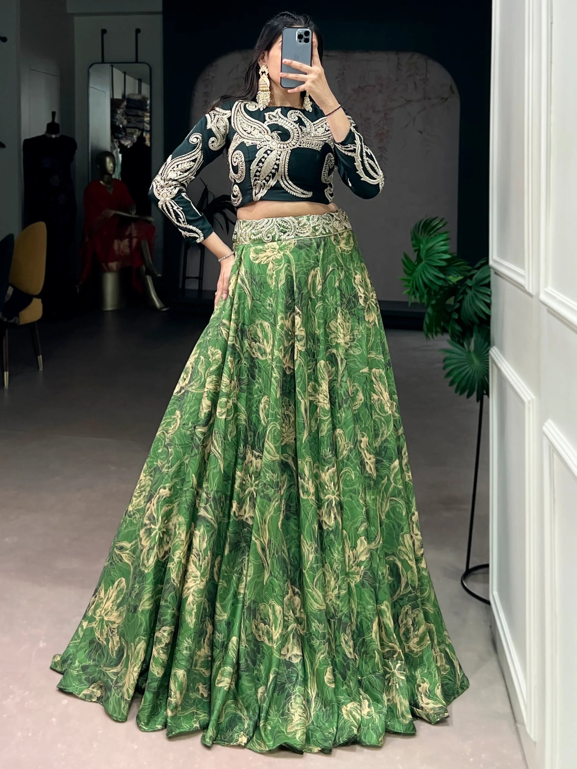Splendid Green Sequins Silk Mehendi Wear Crop Top Lehenga