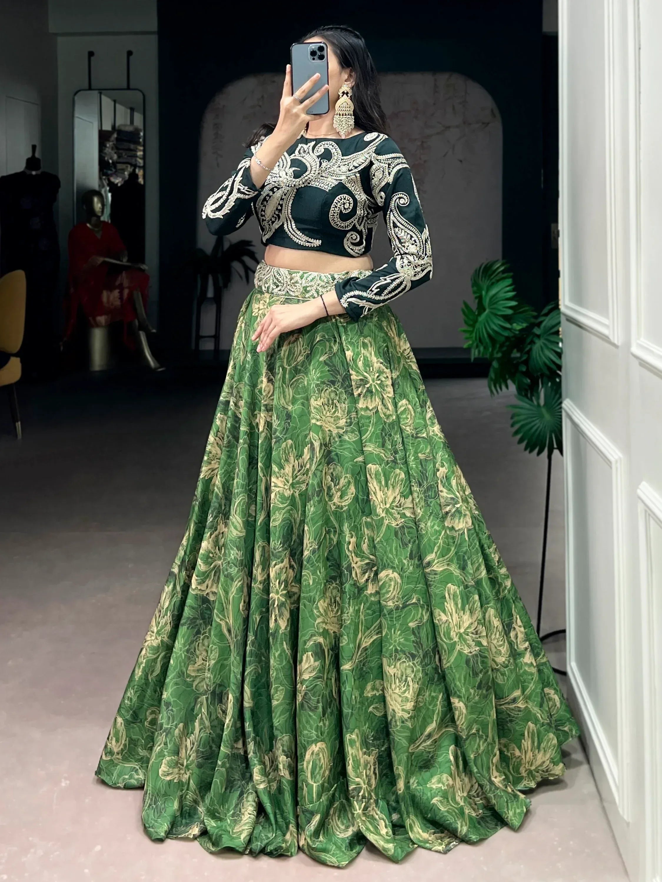 Splendid Green Sequins Silk Mehendi Wear Crop Top Lehenga