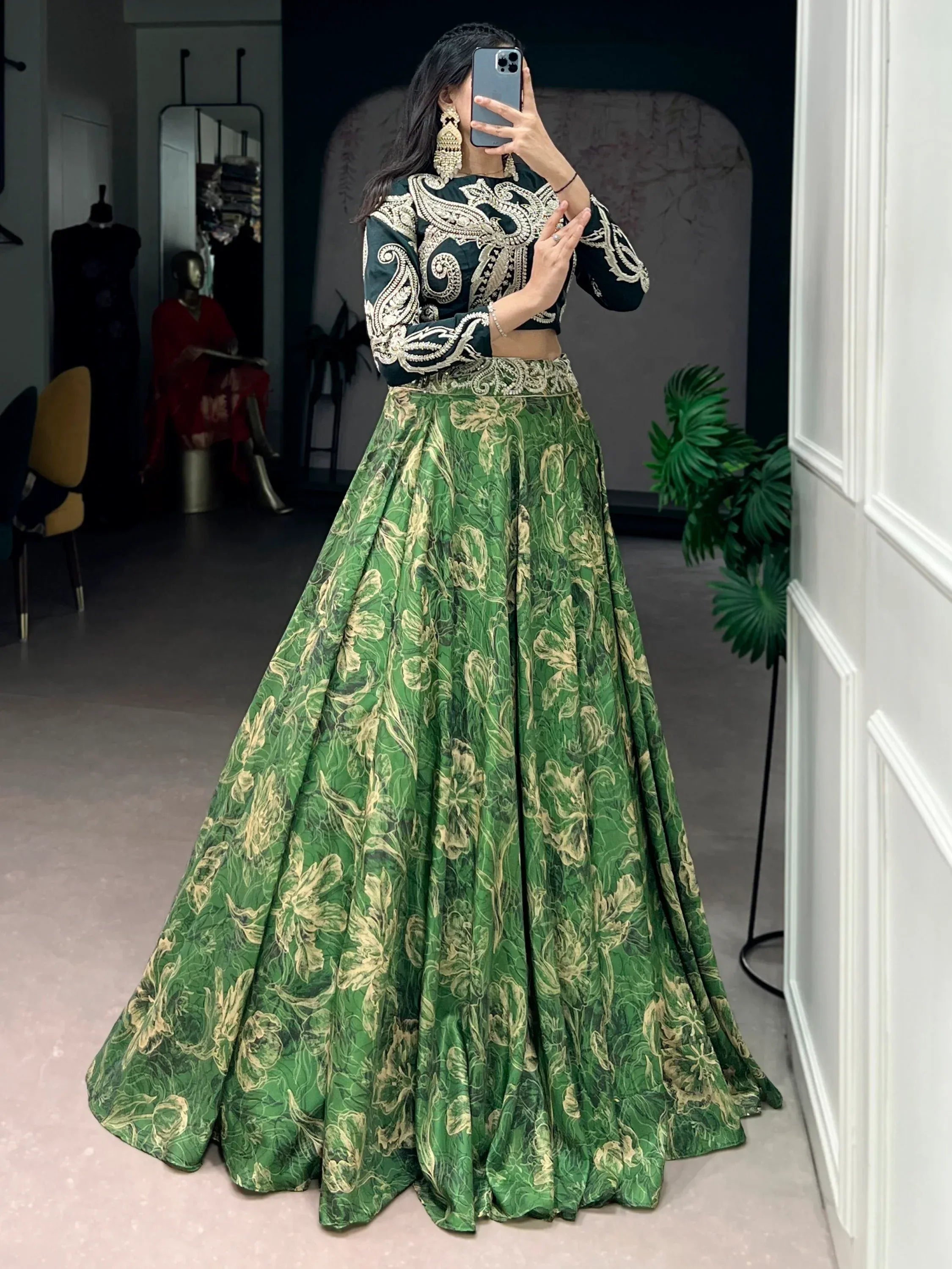 Splendid Green Sequins Silk Mehendi Wear Crop Top Lehenga