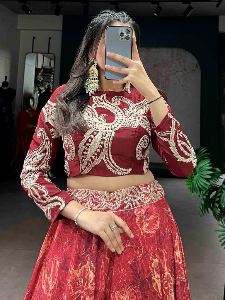 Stunning Red Digital Printed Silk Wedding Wear Crop Top Lehenga