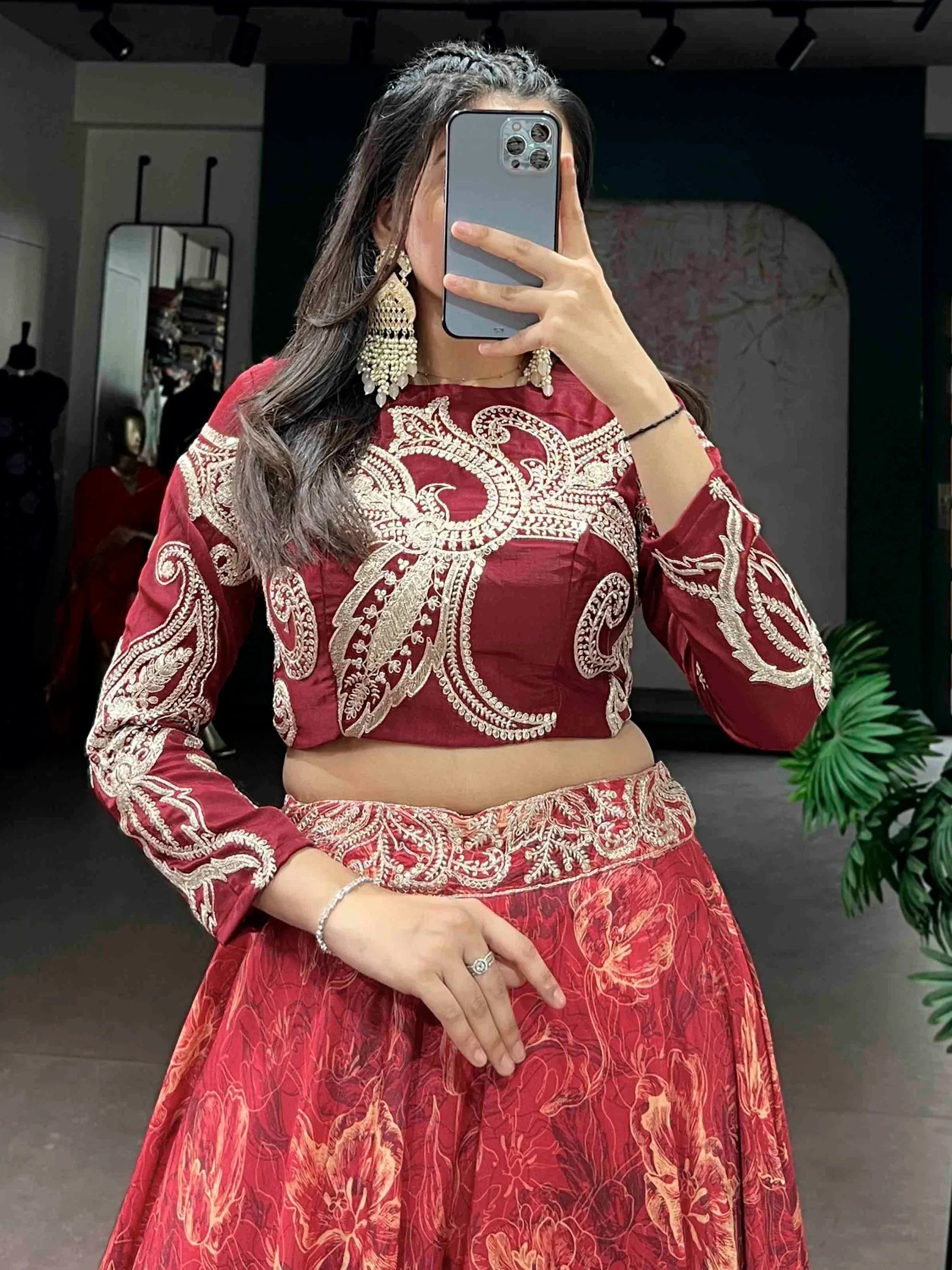 Stunning Red Digital Printed Silk Wedding Wear Crop Top Lehenga